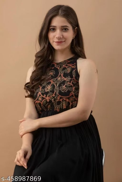 Women’s Elegant Black Maxi Dress – Sleeveless Ethnic Print Bodice with Flared Skirt & Printed Border