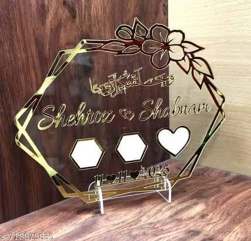 Premium Personalized Hexagon Wedding Plaque – 3D Gold & Clear Acrylic Name Sign