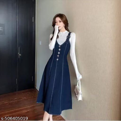 Women’s Denim Pinafore Midi Dress with Button Detail – Elegant Layered A-Line Dress