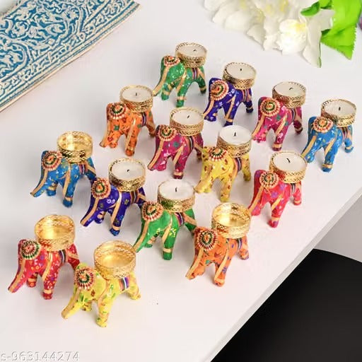 10-Piece Elephant Diya Candle Holder Set with Tealight Candles – Multicolor Festive Decor