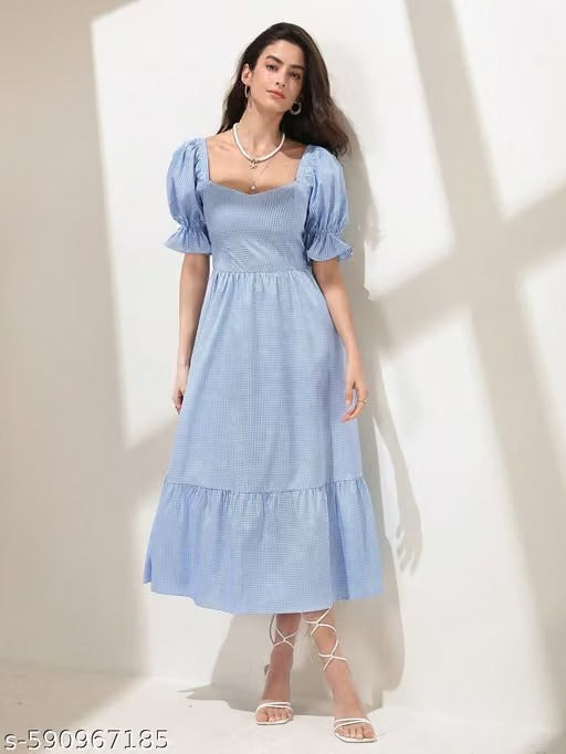 Blue Striped Puff Sleeve Maxi Dress with Tie-Back – Elegant Women’s Summer Dress