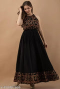 Women’s Elegant Black Maxi Dress – Sleeveless Ethnic Print Bodice with Flared Skirt & Printed Border
