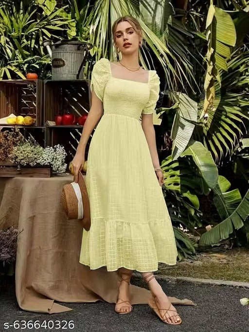Women’s Square Neck Puff Sleeve Fit & Flare Dress | Elegant Panel-Detail Summer Dress | Chic Vacation, Beach, Party & Casual Wear