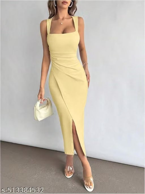Women’s Elegant Yellow Square Neck Maxi Dress – Sleeveless Ruched Bodycon Dress with Front Slit