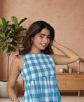 Women’s Blue & White Gingham Check Dress – Sleeveless Round Neck Flared Summer Dress