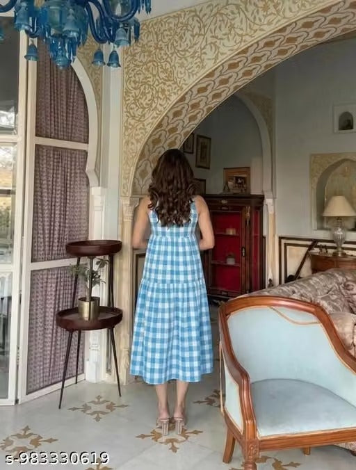 Women’s Blue & White Gingham Check Dress – Sleeveless Round Neck Flared Summer Dress