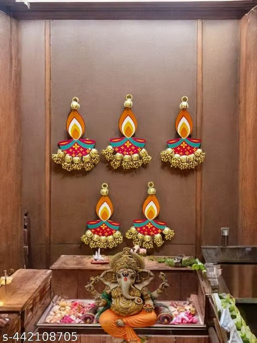 Set of 5 Wooden Diya Wall Hangings – 6 Inch Handcrafted Diwali Decor