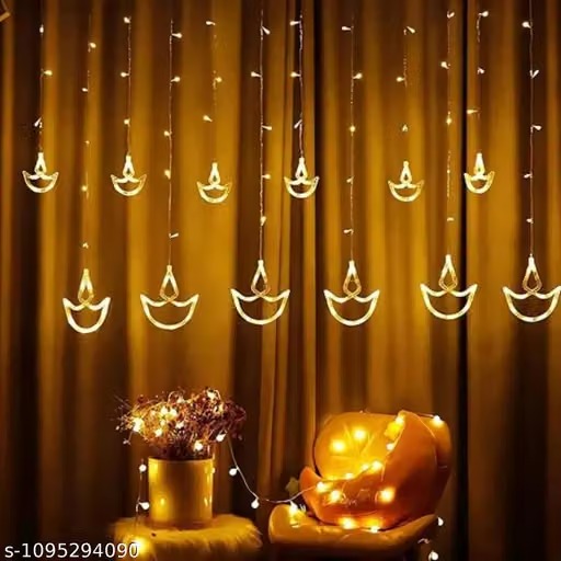 Deep Diya Curtain LED String Lights – 3 Meter Warm White Decorative Lights with 108 LEDs | 6+6 Diya Design | Plug-In Hanging Lights for Diwali, Balcony, Wall, Wedding & Festive Décor