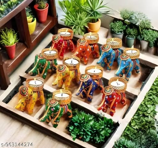 10-Piece Elephant Diya Candle Holder Set with Tealight Candles – Multicolor Festive Decor