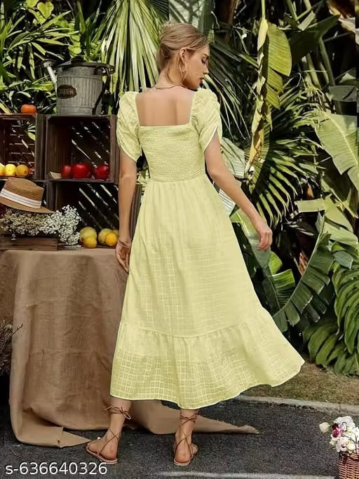 Women’s Square Neck Puff Sleeve Fit & Flare Dress | Elegant Panel-Detail Summer Dress | Chic Vacation, Beach, Party & Casual Wear