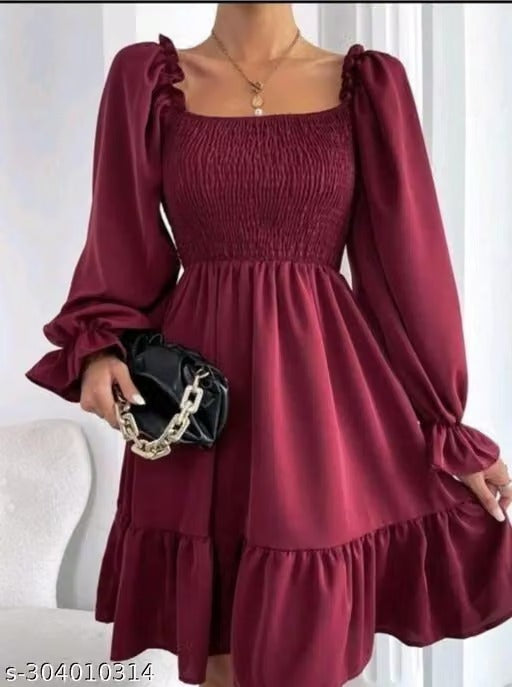 Women’s Burgundy Smocked Mini Dress – Square Neck Long Puff Sleeves with Ruffle Hem